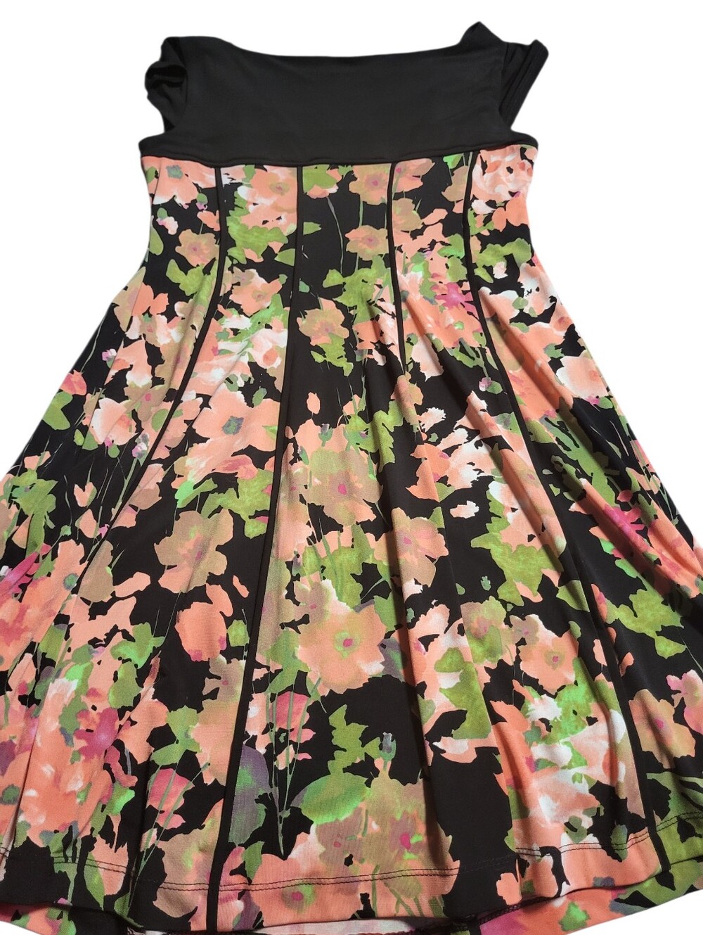 Floral Fit-and-Flare Skirted Dress - Black with Peach & Green Floral - Picture 4 of 5